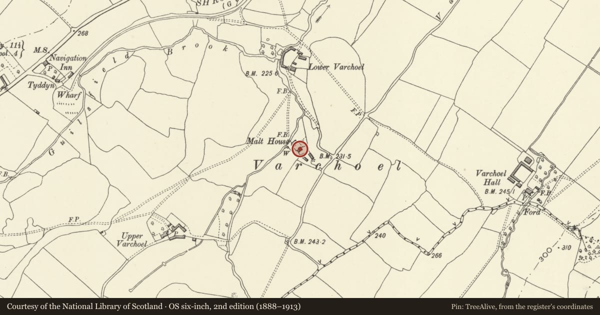 Ordnance Survey six-inch map, 2nd edition (1888–1913) covering the location of Malt House Farmhouse, Guilsfield, Powys, with a pin at the register's coordinates
