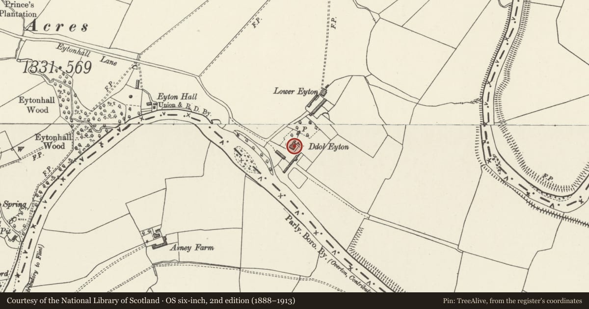 Ordnance Survey six-inch map, 2nd edition (1888–1913) covering the location of Ddol Farmhouse, Erbistock, Wrexham, with a pin at the register's coordinates
