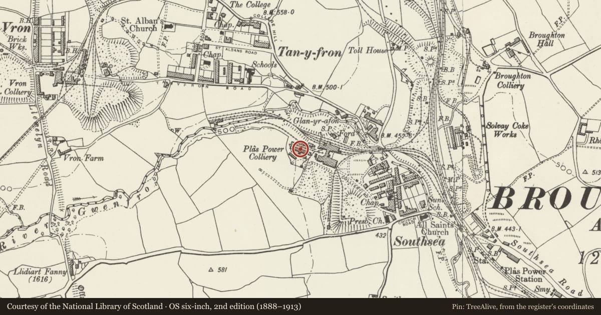 Ordnance Survey six-inch map, 2nd edition (1888–1913) covering the location of Former Plas power Colliery Workshops, Broughton, Wrexham, with a pin at the register's coordinates