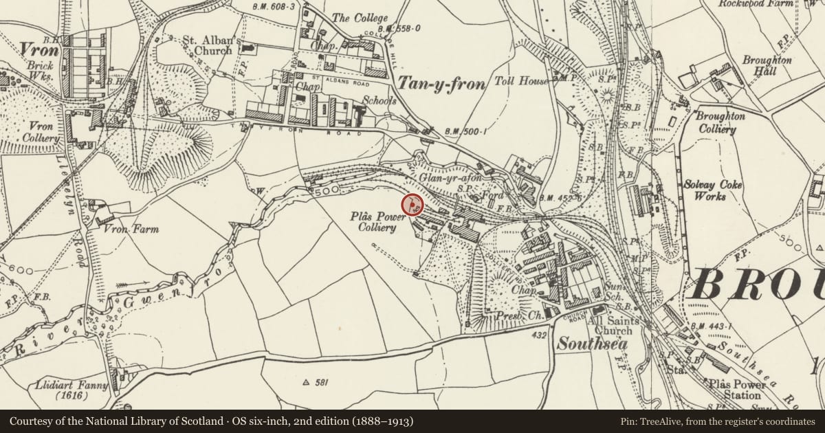 Ordnance Survey six-inch map, 2nd edition (1888–1913) covering the location of Former Plas Power Colliery Power House, Broughton, Wrexham, with a pin at the register's coordinates