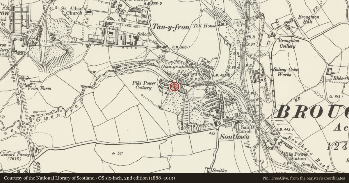 Ordnance Survey six-inch map, 2nd edition (1888–1913) covering the location of Former Plas Power Colliery Western Winding Engine House, Broughton, Wrexham, with a pin at the register's coordinates