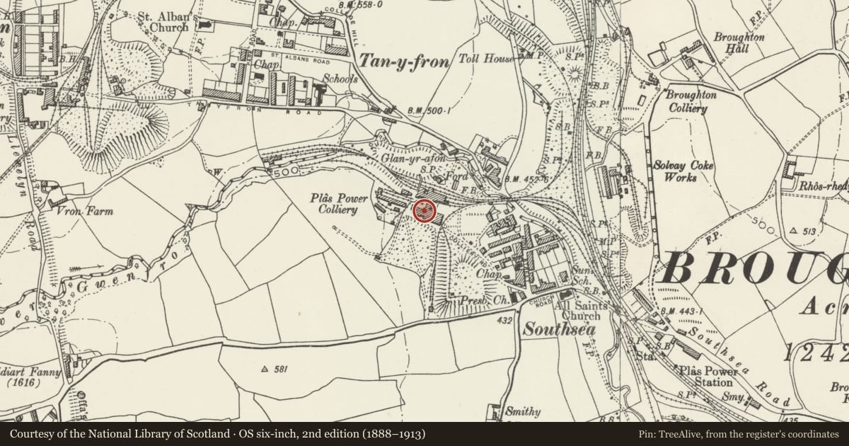 Ordnance Survey six-inch map, 2nd edition (1888–1913) covering the location of Former Plas power Colliery Eastern winding Engine House, Broughton, Wrexham, with a pin at the register's coordinates