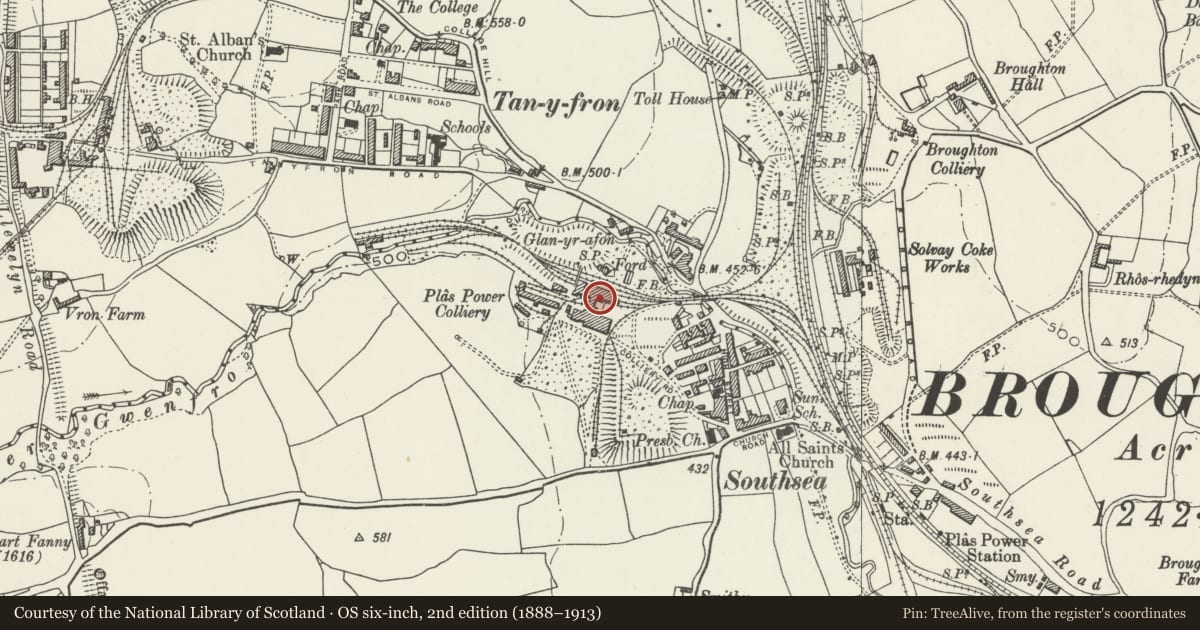 Ordnance Survey six-inch map, 2nd edition (1888–1913) covering the location of Former Plas Power Colliery Heapstead, Broughton, Wrexham, with a pin at the register's coordinates