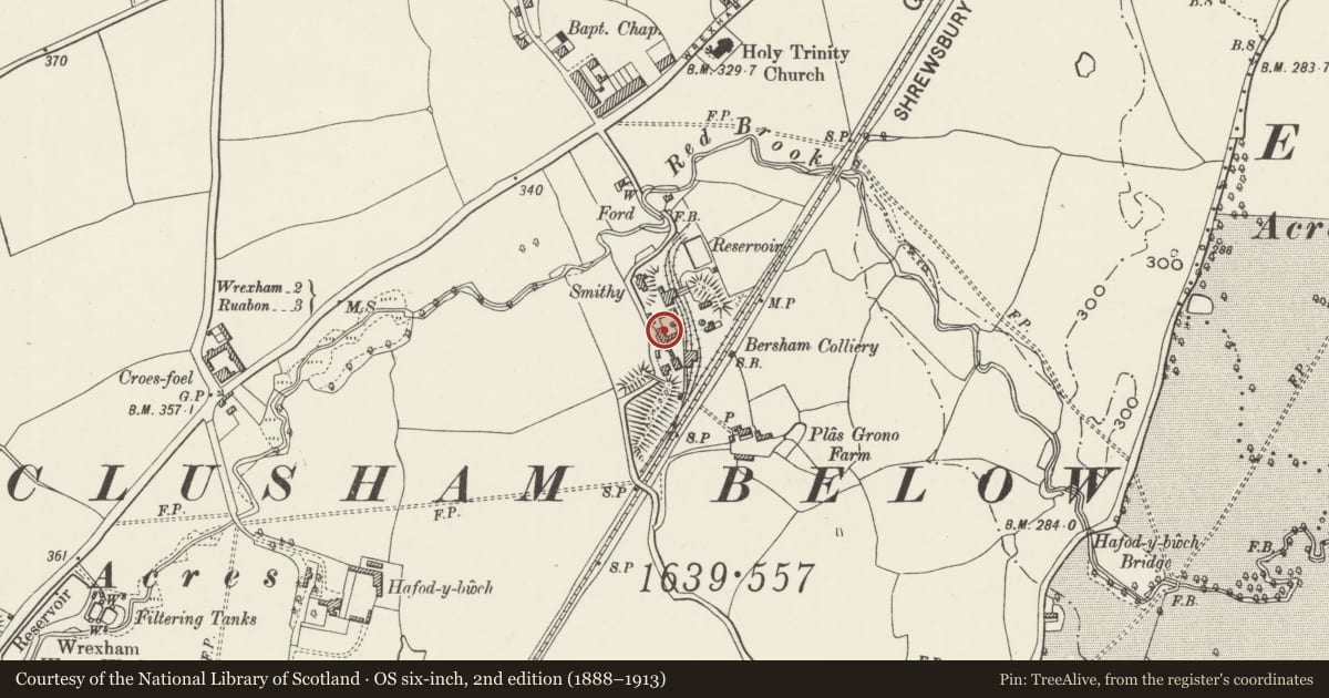 Ordnance Survey six-inch map, 2nd edition (1888–1913) covering the location of Bersham Colliery Winding Engine House, Esclusham, Wrexham, with a pin at the register's coordinates
