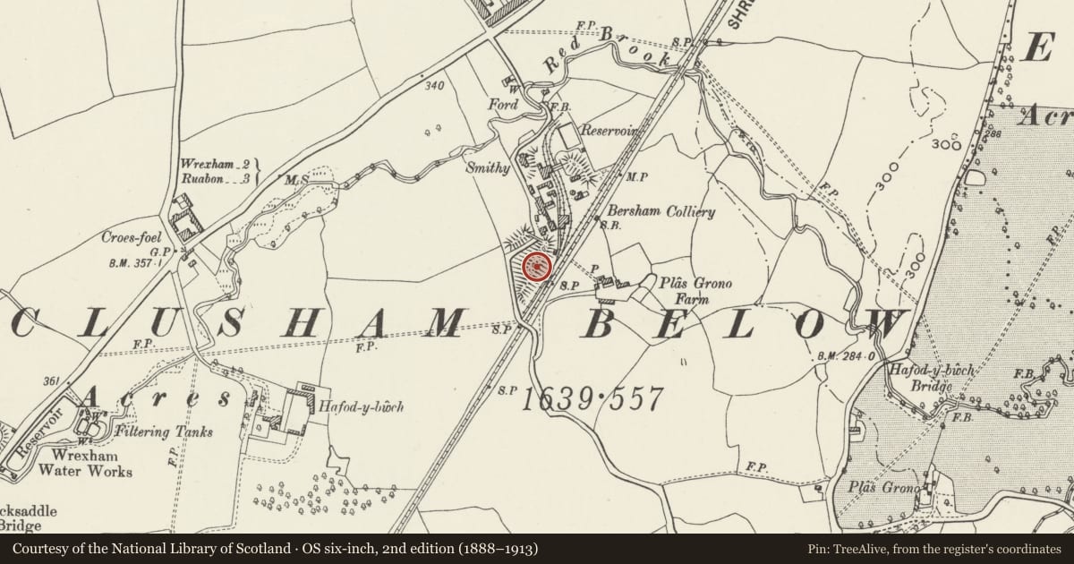 Ordnance Survey six-inch map, 2nd edition (1888–1913) covering the location of Former Bersham Colliery Baths, Canteen and Offices, Esclusham, Wrexham, with a pin at the register's coordinates