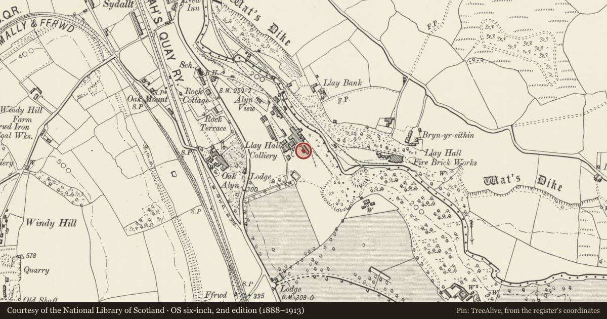 Ordnance Survey six-inch map, 2nd edition (1888–1913) covering the location of Former Llay Hall Collery Engine House, Gwersyllt, Wrexham, with a pin at the register's coordinates