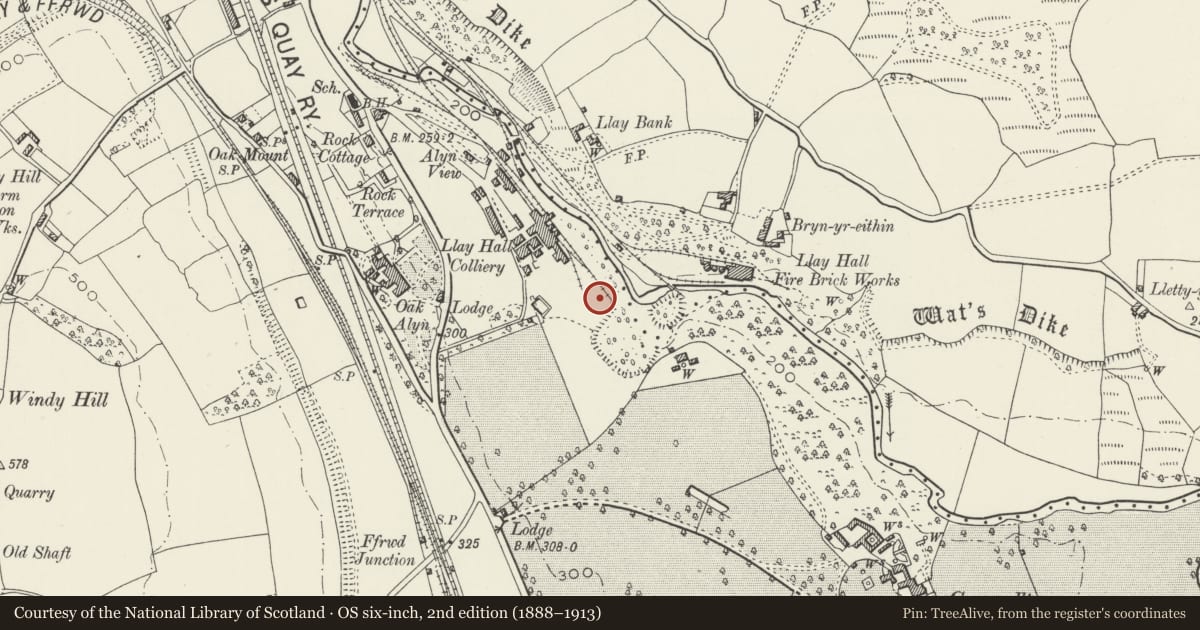 Ordnance Survey six-inch map, 2nd edition (1888–1913) covering the location of Former Llay Hall Colliery Washery Building, Gwersyllt, Wrexham, with a pin at the register's coordinates
