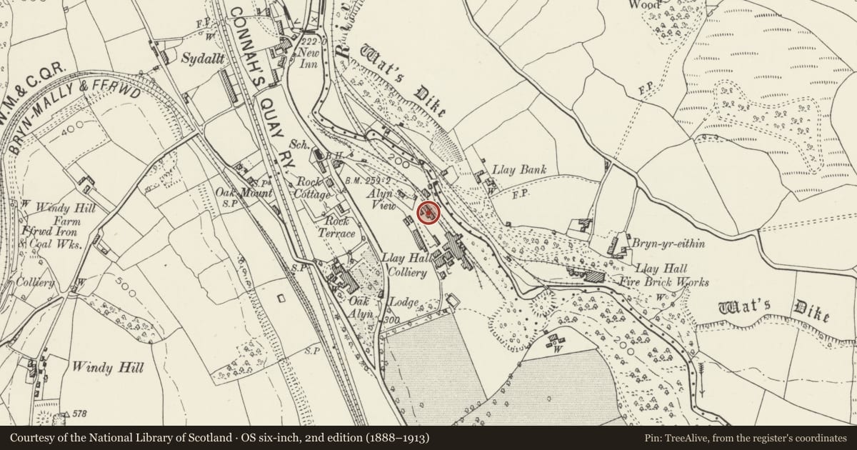 Ordnance Survey six-inch map, 2nd edition (1888–1913) covering the location of Former Llay Hall Colliery Workshops, Gwersyllt, Wrexham, with a pin at the register's coordinates