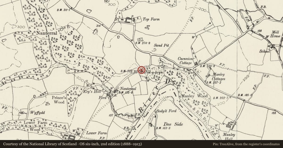 Ordnance Survey six-inch map, 2nd edition (1888–1913) covering the location of Plas Pen-y-Bryn, Erbistock, Wrexham, with a pin at the register's coordinates