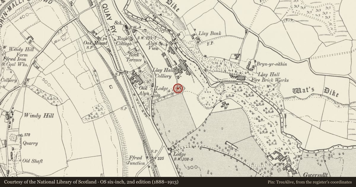 Ordnance Survey six-inch map, 2nd edition (1888–1913) covering the location of Former Llay Hall Colliery Chimney and Flue, Gwersyllt, Wrexham, with a pin at the register's coordinates