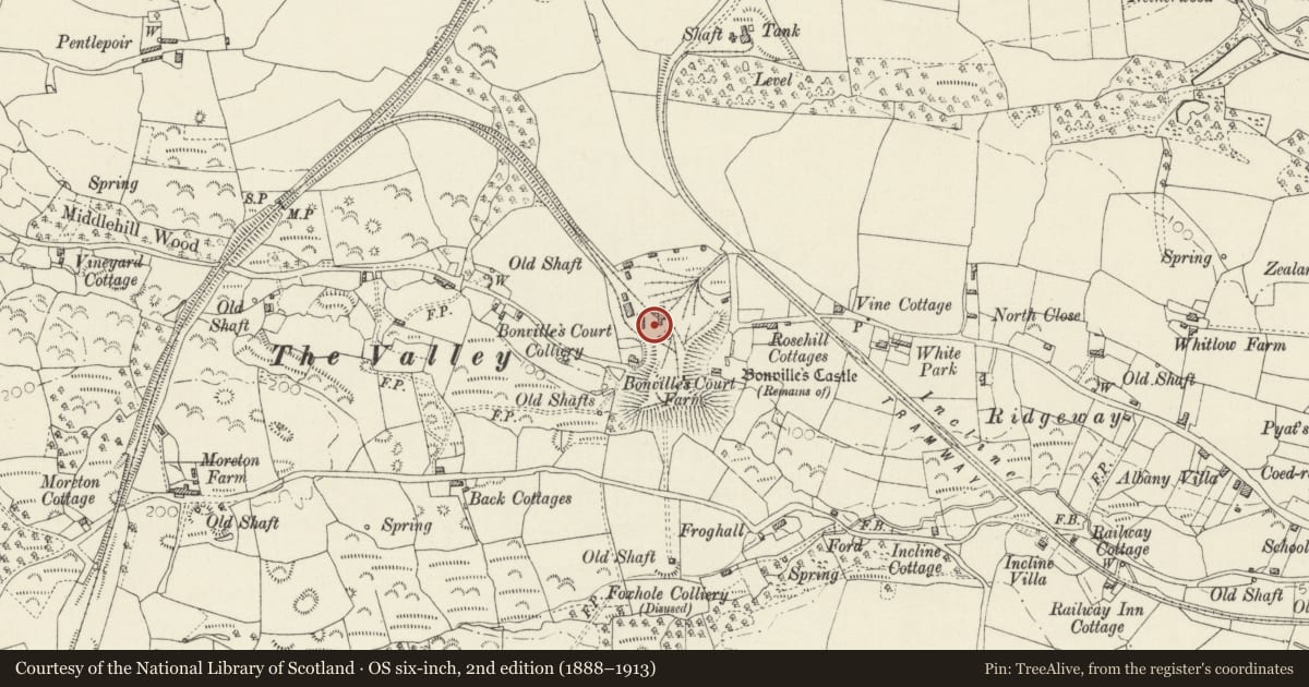 Ordnance Survey six-inch map, 2nd edition (1888–1913) covering the location of Former Bonville's Court Colliery Heapstead, Saundersfoot, Pembrokeshire, with a pin at the register's coordinates