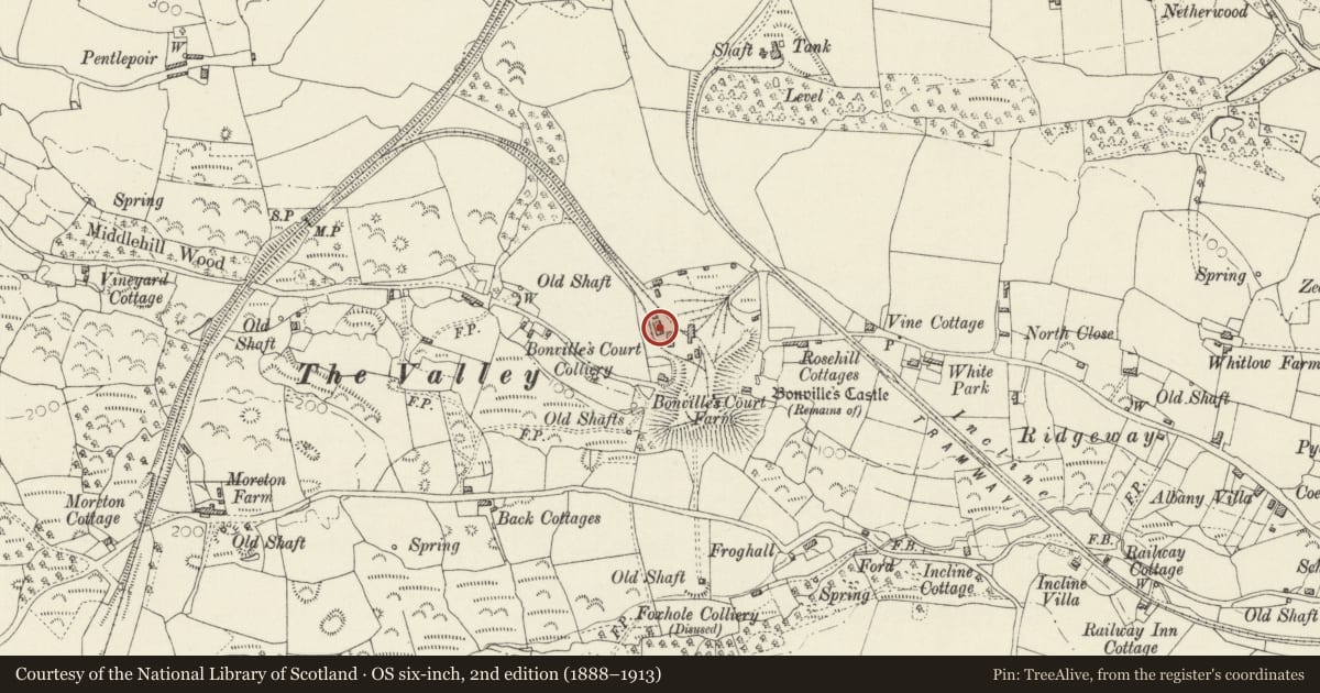 Ordnance Survey six-inch map, 2nd edition (1888–1913) covering the location of Former Bonville's Court Colliery Power House, Saundersfoot, Pembrokeshire, with a pin at the register's coordinates