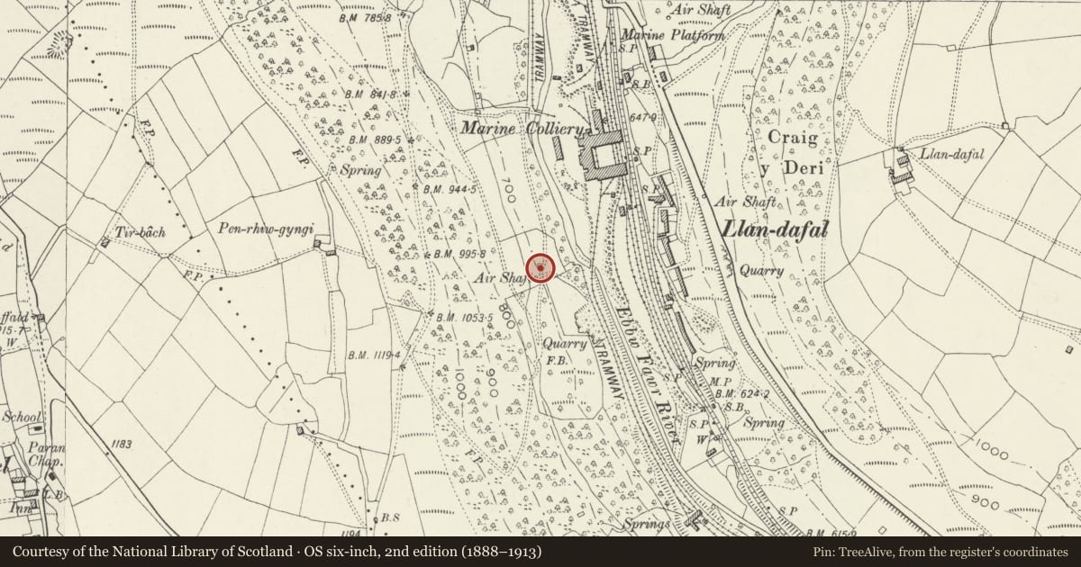 Ordnance Survey six-inch map, 2nd edition (1888–1913) covering the location of Colliery Ventilation Furnace at Llandafal, Cwm, Blaenau Gwent, with a pin at the register's coordinates