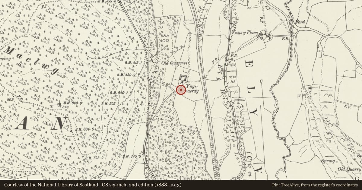 Ordnance Survey six-inch map, 2nd edition (1888–1913) covering the location of Garage at Ynysmaerdy Farm (formerly part of Llantrisant Colliery), Llanharan, Rhondda Cynon Taff, with a pin at the register's coordinates
