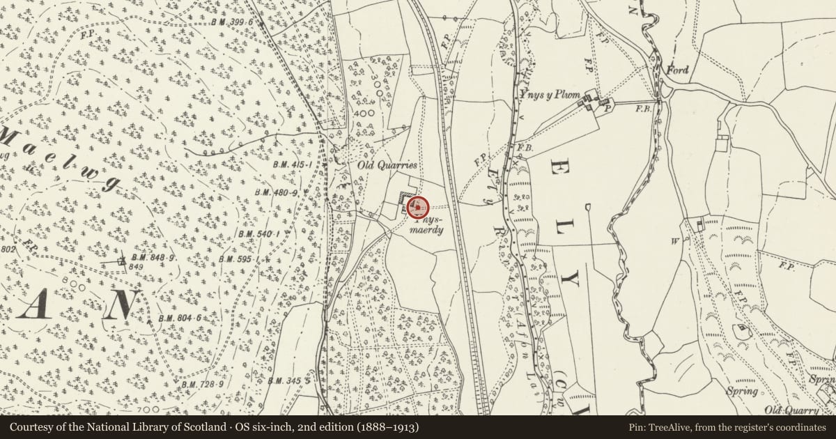 Ordnance Survey six-inch map, 2nd edition (1888–1913) covering the location of Hay barn at Ynysmaerdy Farm (former winding engine house of Llantrisant Colliery), Llanharan, Rhondda Cynon Taff, with a pin at the register's coordinates