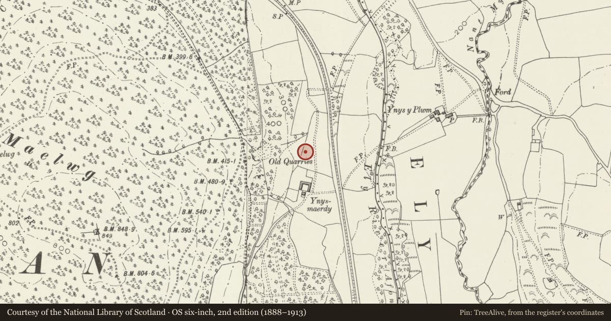 Ordnance Survey six-inch map, 2nd edition (1888–1913) covering the location of Engine Hall of former Llantrisant Colliery, Llanharan, Rhondda Cynon Taff, with a pin at the register's coordinates