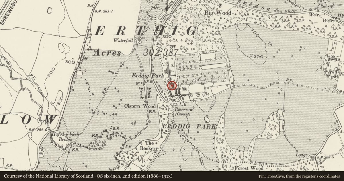 Ordnance Survey six-inch map, 2nd edition (1888–1913) covering the location of Stable Courtyard Range, Marchwiel, Wrexham, with a pin at the register's coordinates