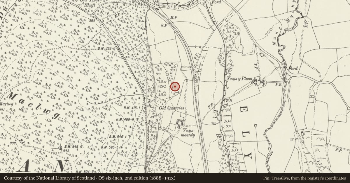 Ordnance Survey six-inch map, 2nd edition (1888–1913) covering the location of Cow Shed at Ynysmaerdy Farm (formerly stores of Llantrisant Colliery), Llanharan, Rhondda Cynon Taff, with a pin at the register's coordinates