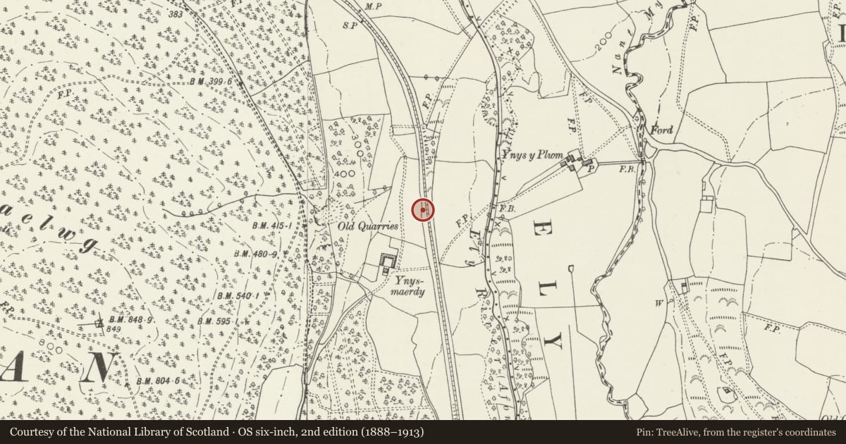 Ordnance Survey six-inch map, 2nd edition (1888–1913) covering the location of Revetment wall of former Llantrisant Colliery, Llanharan, Rhondda Cynon Taff, with a pin at the register's coordinates