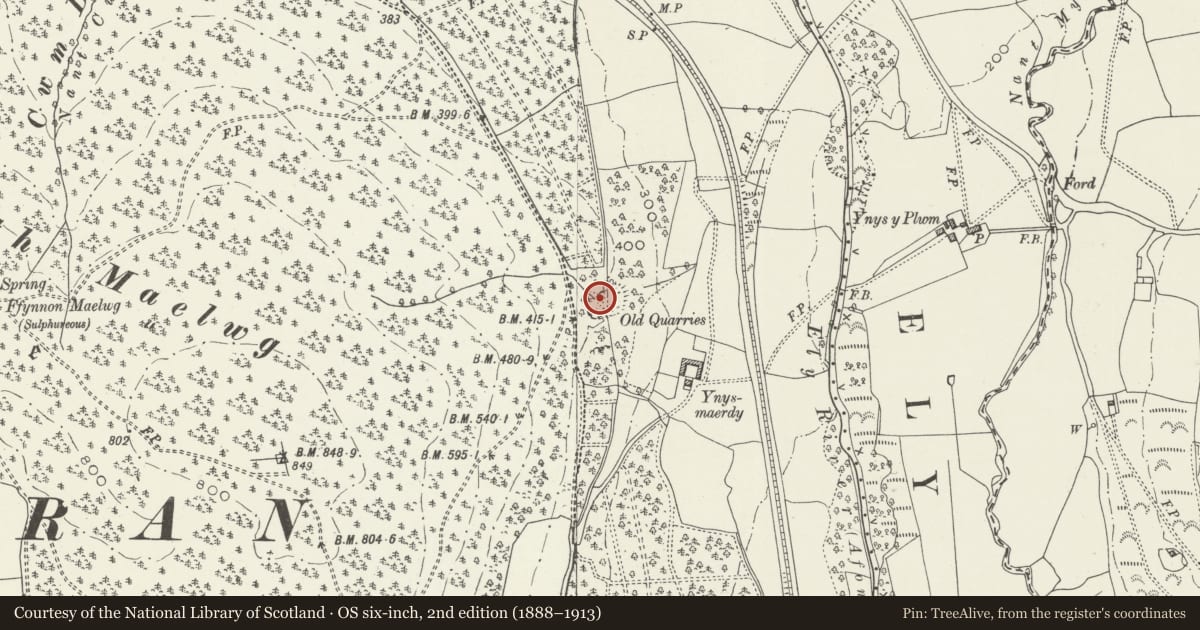 Ordnance Survey six-inch map, 2nd edition (1888–1913) covering the location of Reservoir of former Llantrisant Colliery, Llanharan, Rhondda Cynon Taff, with a pin at the register's coordinates