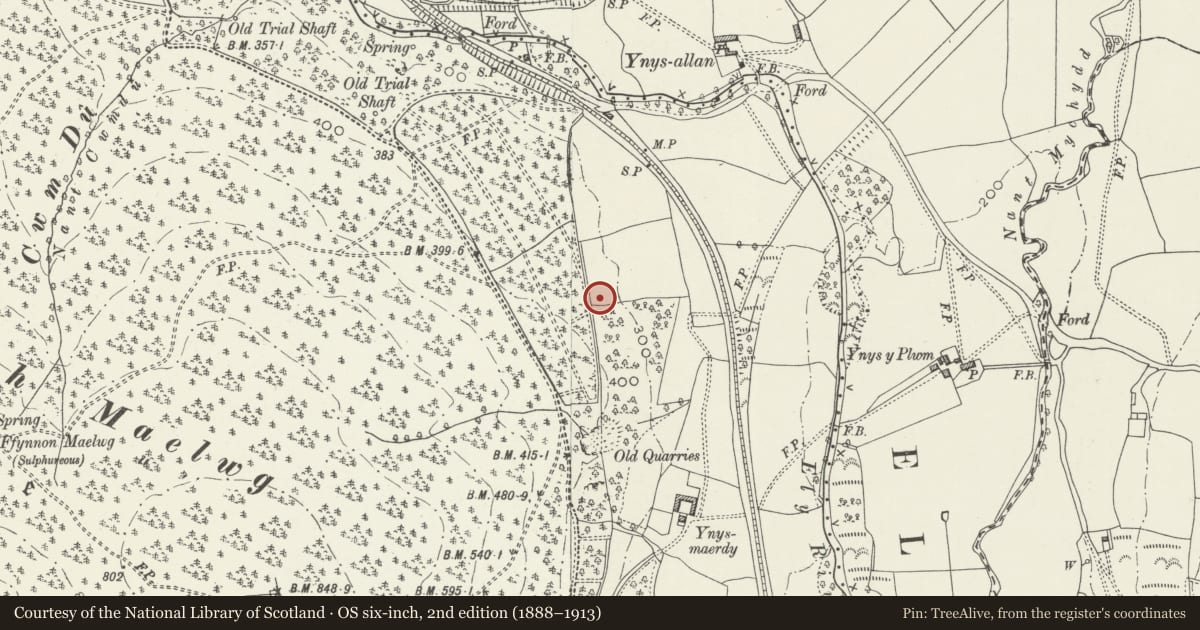 Ordnance Survey six-inch map, 2nd edition (1888–1913) covering the location of Explosives store of former Llantrisant Colliery, Llanharan, Rhondda Cynon Taff, with a pin at the register's coordinates