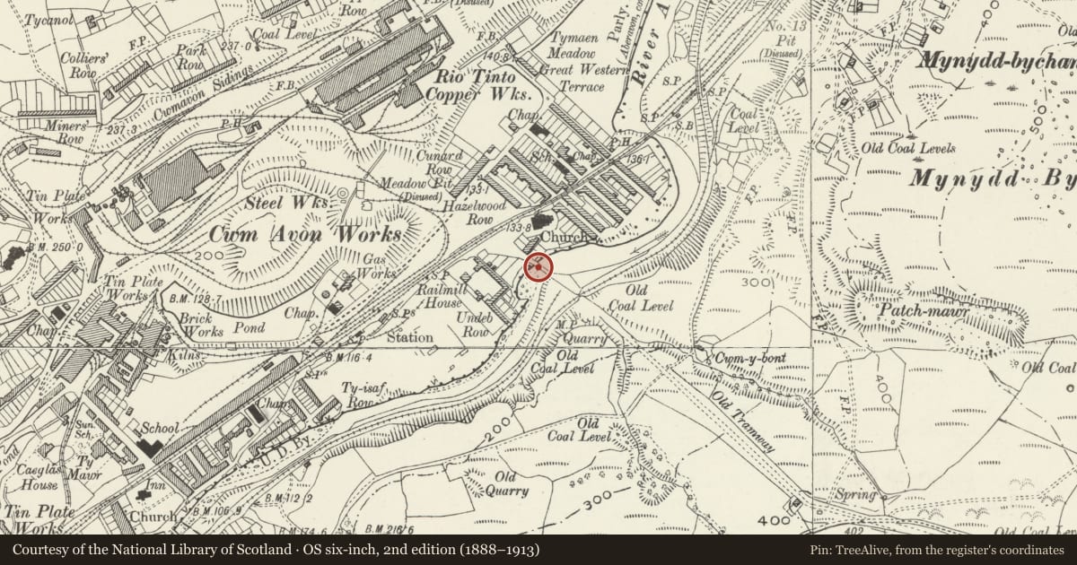 Ordnance Survey six-inch map, 2nd edition (1888–1913) covering the location of Ynysafan Tramroad Bridge, Cwmavon, Neath Port Talbot, with a pin at the register's coordinates