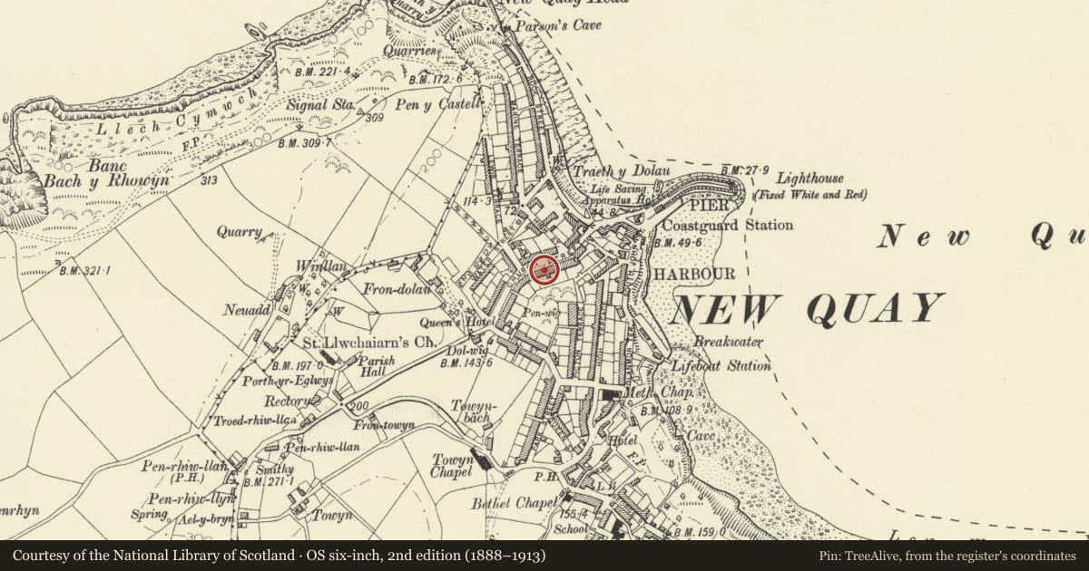 Ordnance Survey six-inch map, 2nd edition (1888–1913) covering the location of 7 Church Street, New Quay, Ceredigion, with a pin at the register's coordinates
