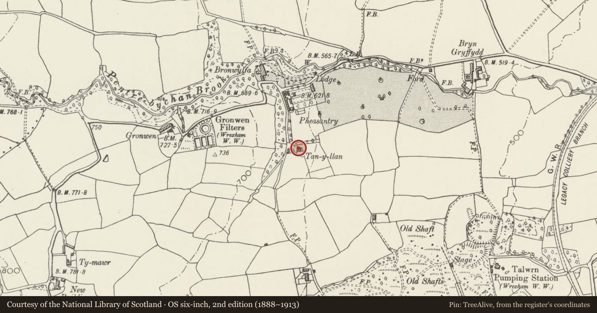 Ordnance Survey six-inch map, 2nd edition (1888–1913) covering the location of Tan-y-Llan, Esclusham, Wrexham, with a pin at the register's coordinates
