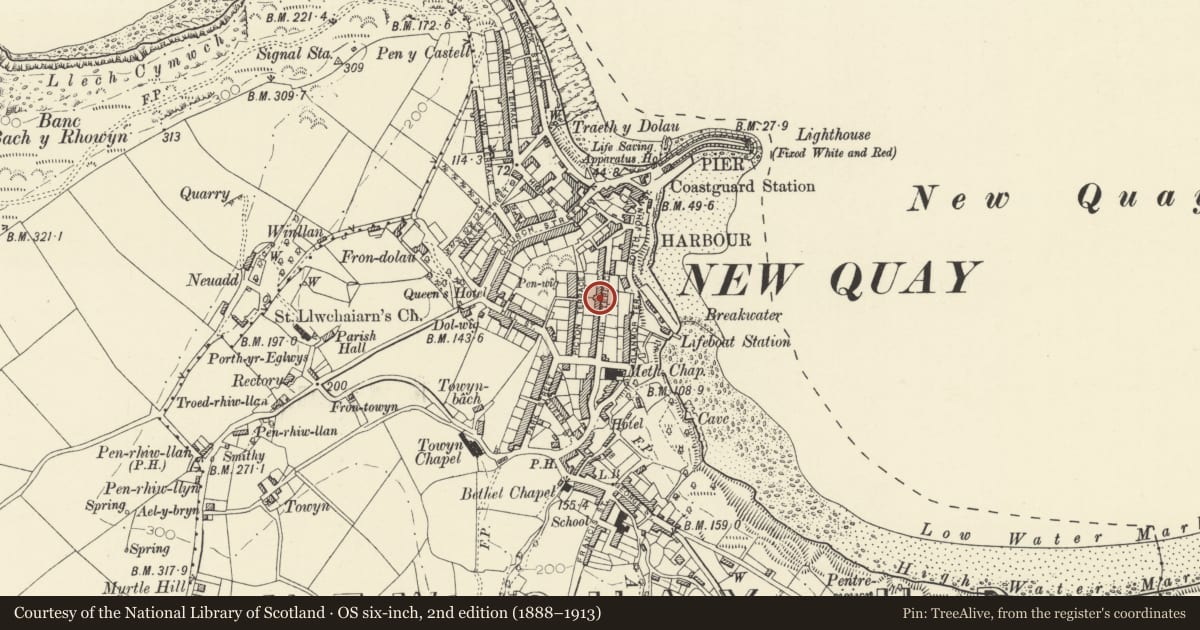 Ordnance Survey six-inch map, 2nd edition (1888–1913) covering the location of South Winds and Sunnycroft, New Quay, Ceredigion, with a pin at the register's coordinates