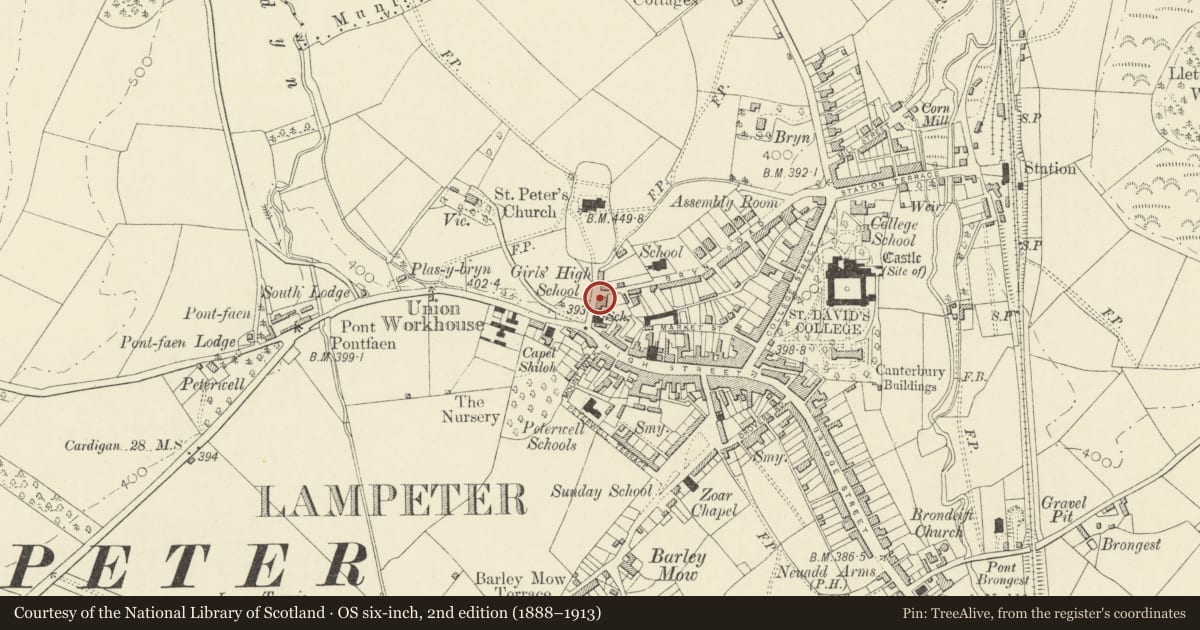 Ordnance Survey six-inch map, 2nd edition (1888–1913) covering the location of 2 Church Street, Lampeter, Ceredigion, with a pin at the register's coordinates