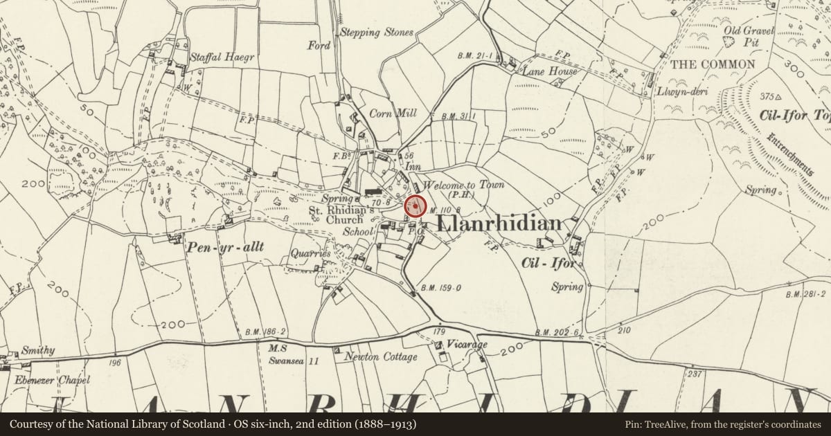 Ordnance Survey six-inch map, 2nd edition (1888–1913) covering the location of Pillory in Llanrhidian Village formed from reputed ancient cross, Llanrhidian Lower, Swansea, with a pin at the register's coordinates