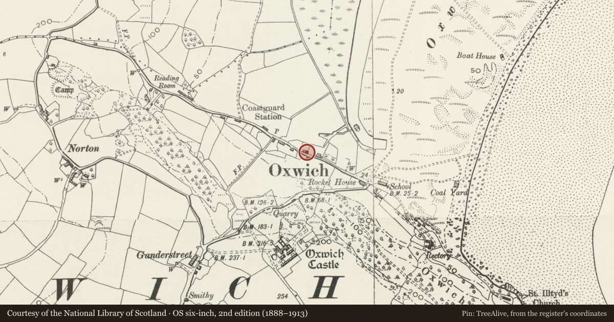 Ordnance Survey six-inch map, 2nd edition (1888–1913) covering the location of The Nook and The Cottage, Penrice, Swansea, with a pin at the register's coordinates