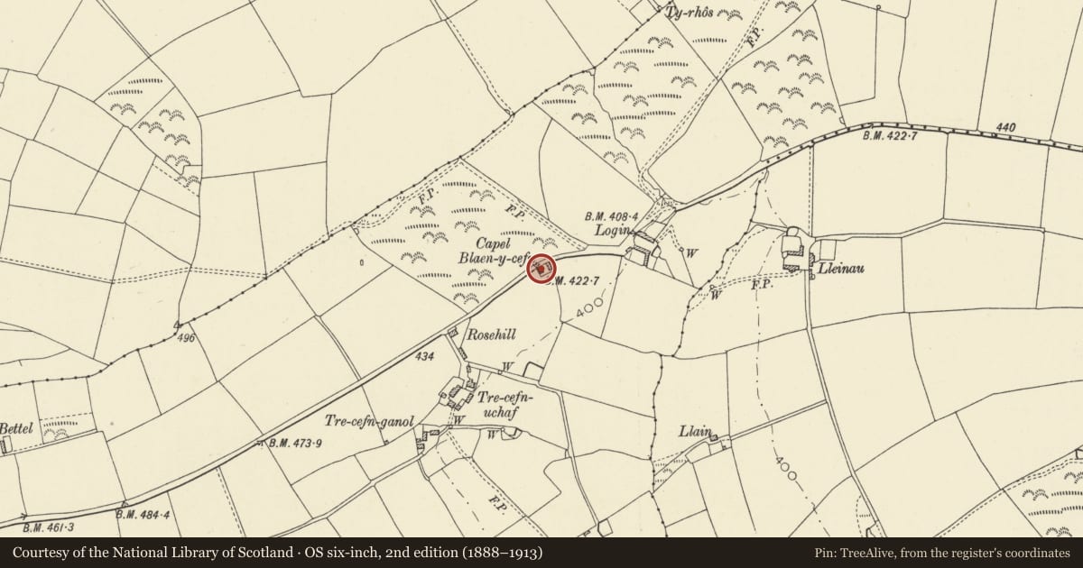 Ordnance Survey six-inch map, 2nd edition (1888–1913) covering the location of Blaencefn Chapel, Y Ferwig, Ceredigion, with a pin at the register's coordinates