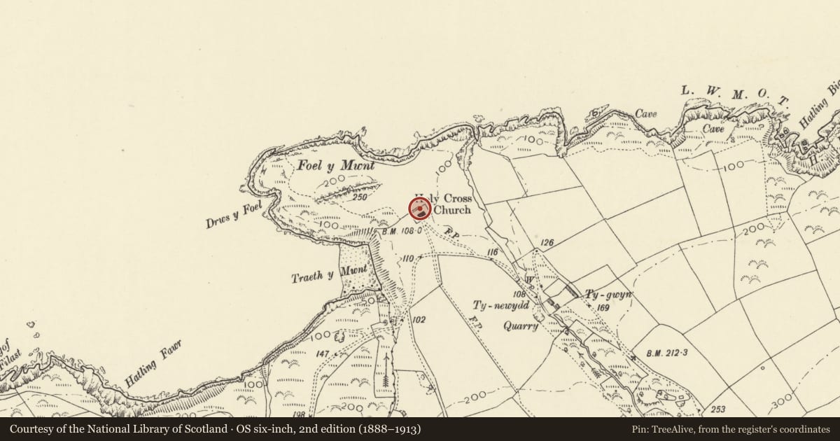 Ordnance Survey six-inch map, 2nd edition (1888–1913) covering the location of Churchyard of the Church of the Holy Cross, Y Ferwig, Ceredigion, with a pin at the register's coordinates