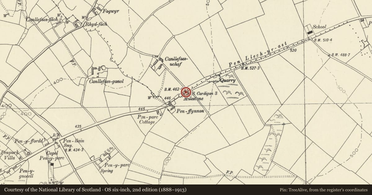 Ordnance Survey six-inch map, 2nd edition (1888–1913) covering the location of Milestone, Y Ferwig, Ceredigion, with a pin at the register's coordinates