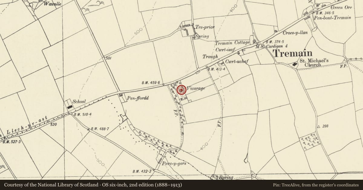 Ordnance Survey six-inch map, 2nd edition (1888–1913) covering the location of Dolcoed, Y Ferwig, Ceredigion, with a pin at the register's coordinates