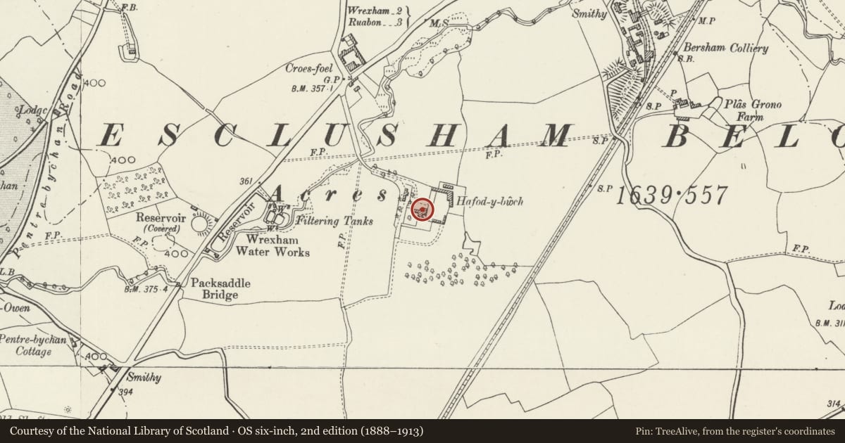 Ordnance Survey six-inch map, 2nd edition (1888–1913) covering the location of Hafod-y-Bwch Hall, Esclusham, Wrexham, with a pin at the register's coordinates