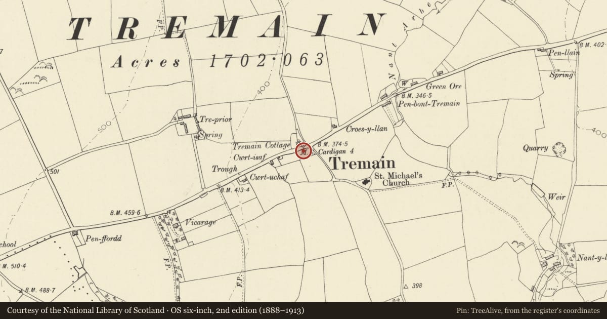 Ordnance Survey six-inch map, 2nd edition (1888–1913) covering the location of Milestone, Y Ferwig, Ceredigion, with a pin at the register's coordinates