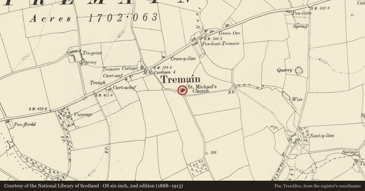 Ordnance Survey six-inch map, 2nd edition (1888–1913) covering the location of Church of St Michael, Y Ferwig, Ceredigion, with a pin at the register's coordinates