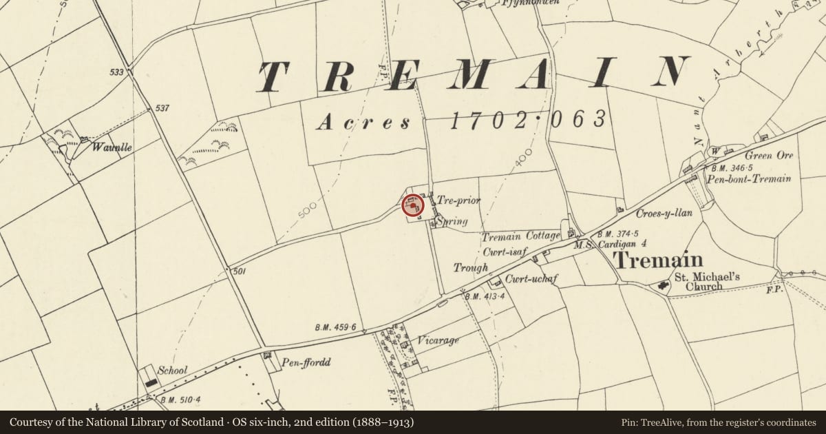 Ordnance Survey six-inch map, 2nd edition (1888–1913) covering the location of Cow shed at Treprior Farm, Y Ferwig, Ceredigion, with a pin at the register's coordinates