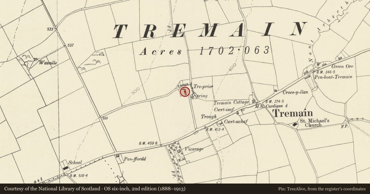 Ordnance Survey six-inch map, 2nd edition (1888–1913) covering the location of Corn Barn at Treprior Farm, Y Ferwig, Ceredigion, with a pin at the register's coordinates