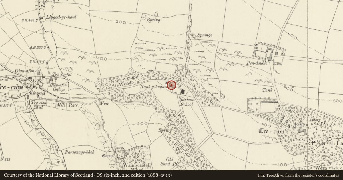 Ordnance Survey six-inch map, 2nd edition (1888–1913) covering the location of Old School House at Barham Memorial School, Scleddau, Pembrokeshire, with a pin at the register's coordinates