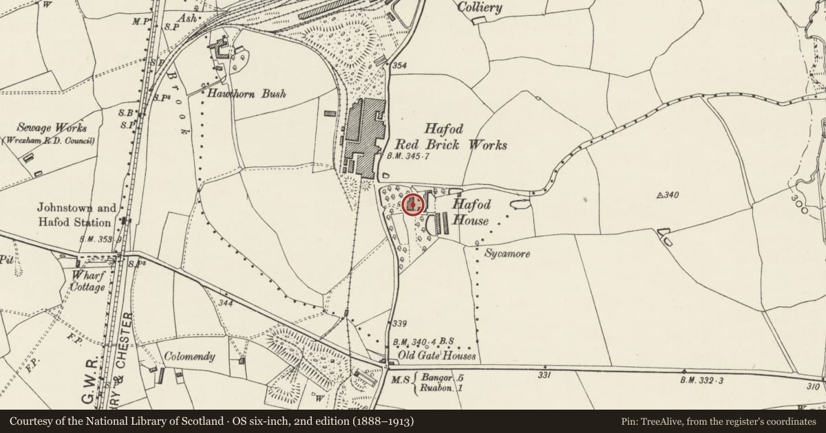 Ordnance Survey six-inch map, 2nd edition (1888–1913) covering the location of Hafod House, Esclusham, Wrexham, with a pin at the register's coordinates