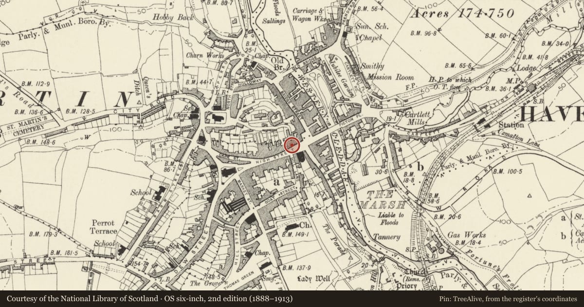 Ordnance Survey six-inch map, 2nd edition (1888–1913) covering the location of 44 High Street, Haverfordwest, Pembrokeshire, with a pin at the register's coordinates
