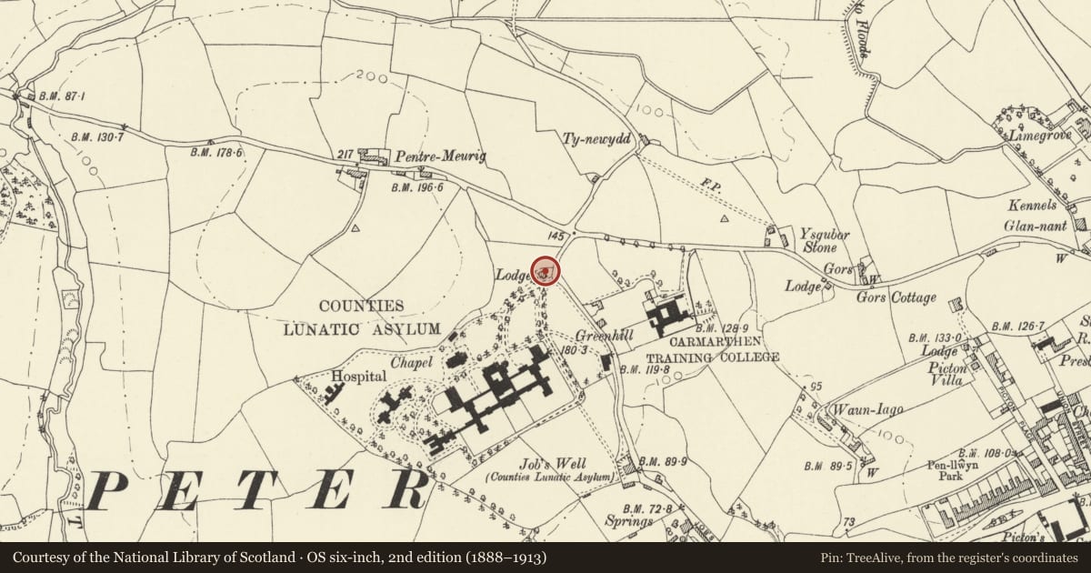 Ordnance Survey six-inch map, 2nd edition (1888–1913) covering the location of The Lodge at St David's Hospital, Carmarthen, Carmarthenshire, with a pin at the register's coordinates