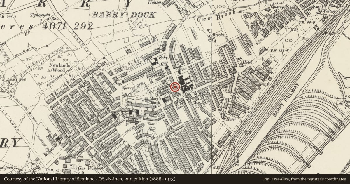 Ordnance Survey six-inch map, 2nd edition (1888–1913) covering the location of Former Fire Station, Barry, Vale of Glamorgan, with a pin at the register's coordinates