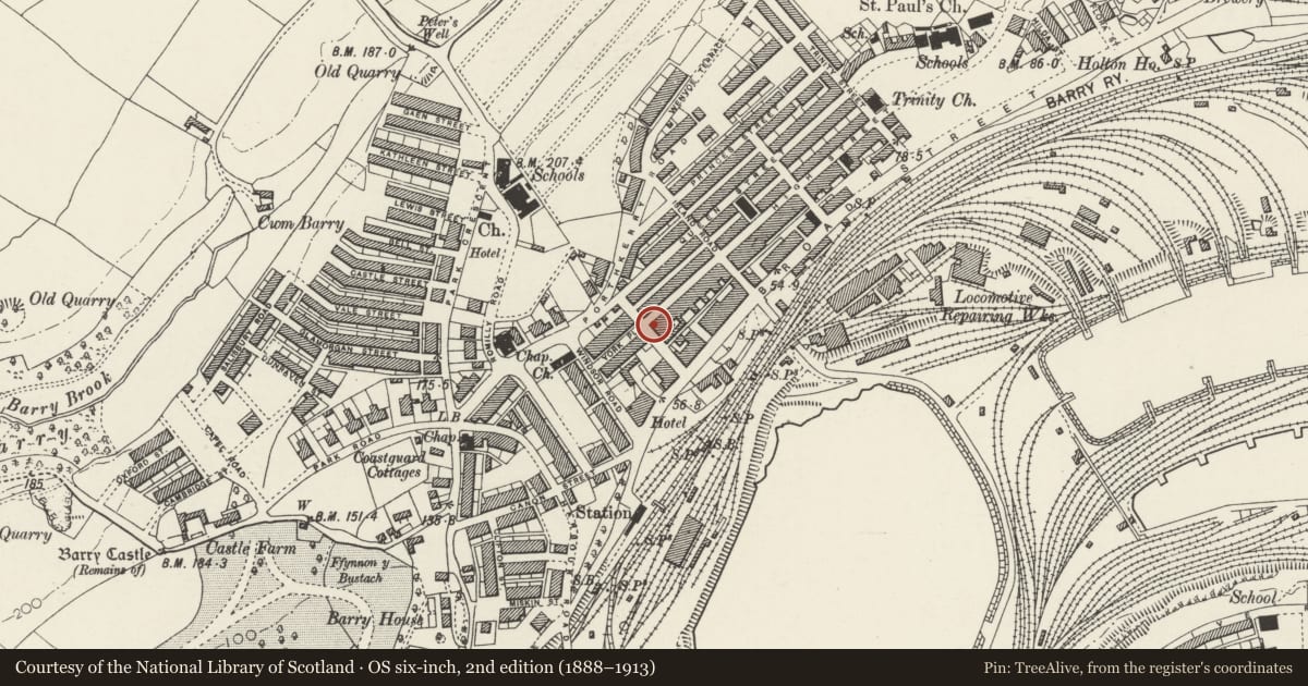 Ordnance Survey six-inch map, 2nd edition (1888–1913) covering the location of 69 High Street, Barry, Vale of Glamorgan, with a pin at the register's coordinates