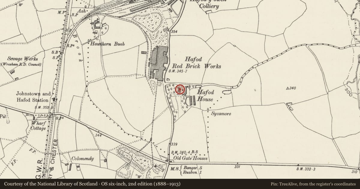 Ordnance Survey six-inch map, 2nd edition (1888–1913) covering the location of Hafod House Farmhouse, Esclusham, Wrexham, with a pin at the register's coordinates