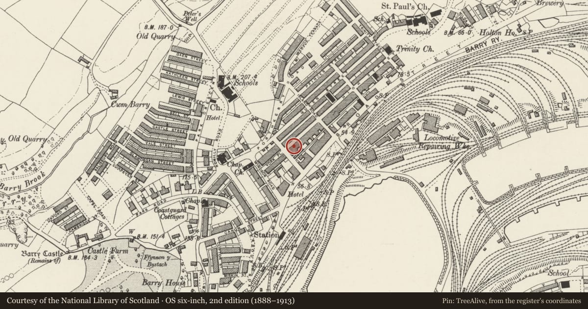 Ordnance Survey six-inch map, 2nd edition (1888–1913) covering the location of 72 High Street, Barry, Vale of Glamorgan, with a pin at the register's coordinates