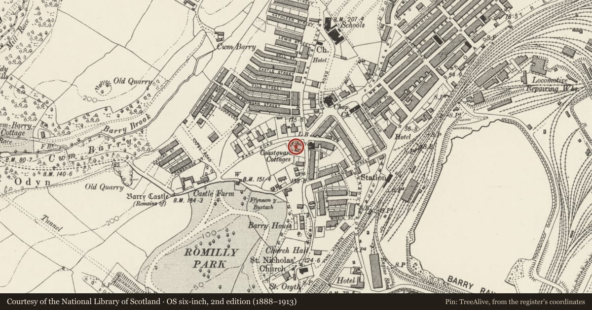 Ordnance Survey six-inch map, 2nd edition (1888–1913) covering the location of All Saints Church, Barry, Vale of Glamorgan, with a pin at the register's coordinates